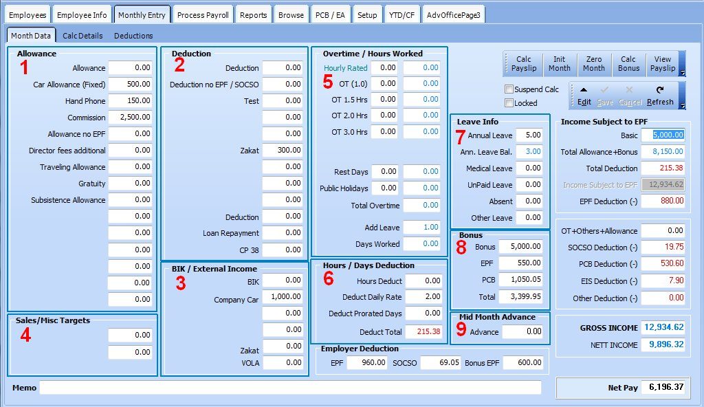 Actpay Payroll System monthly calculations screen